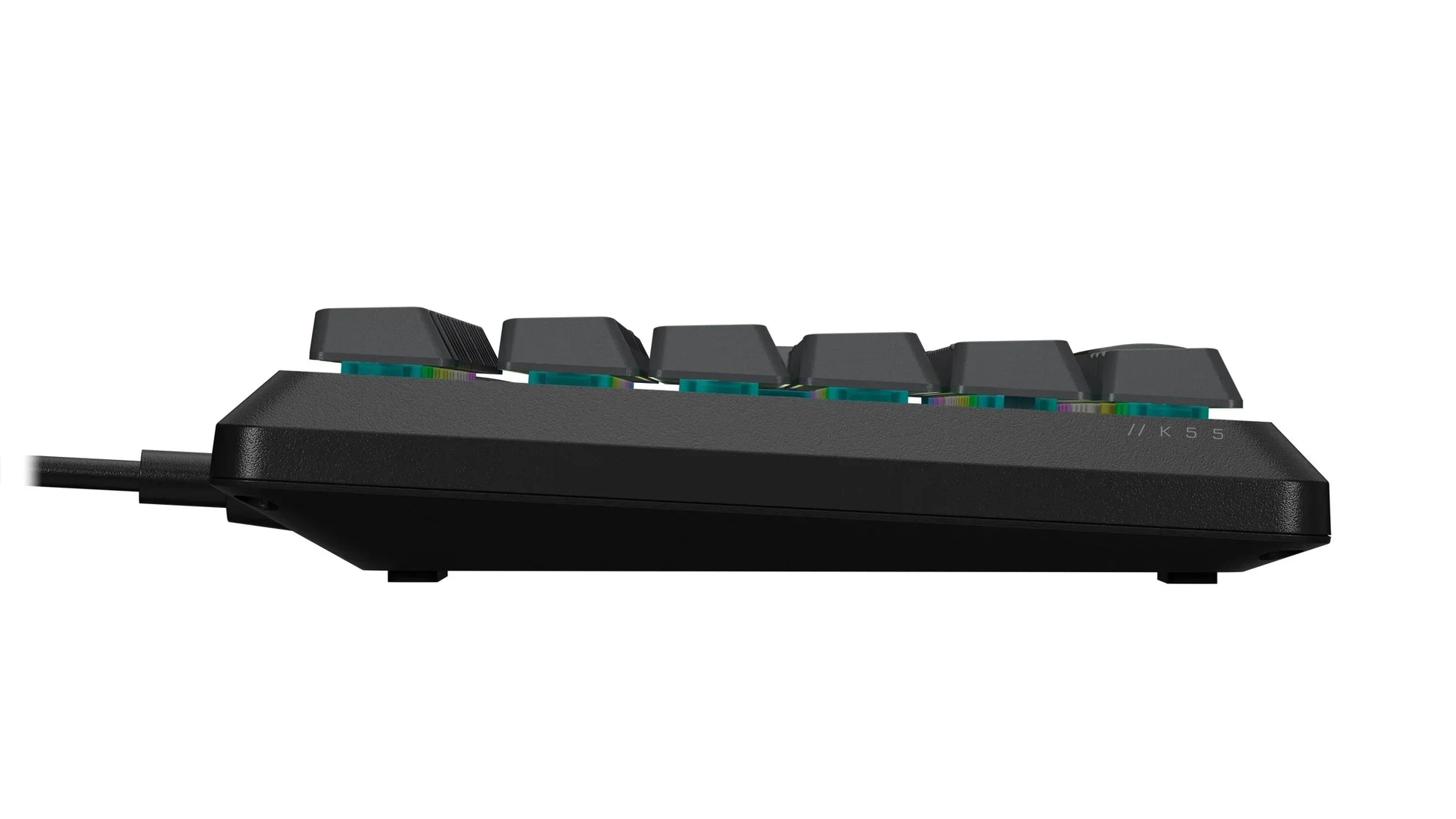 Side view of RGB gaming keyboard K55 with black keycaps, ideal for modern setups