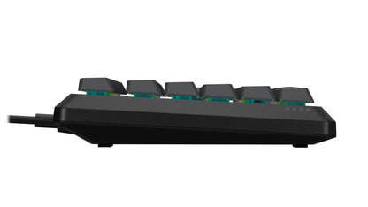 Side view of RGB gaming keyboard K55 with black keycaps, ideal for modern setups