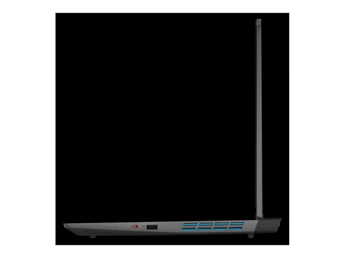 Slim gaming laptop side view with USB ports, ventilation, and raised screen on black background