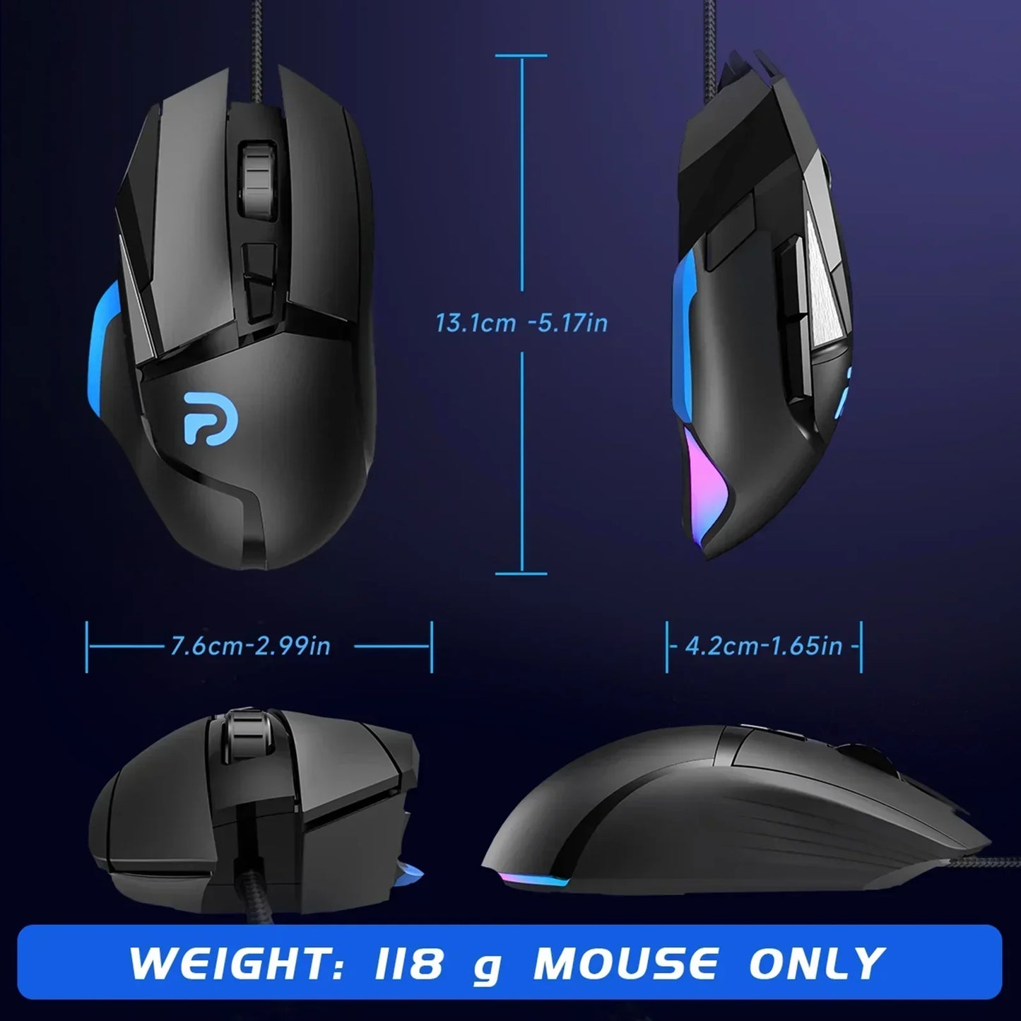 RGB Optical Gaming Mouse Wired with 6 Adjustable DPI Lightweight Black
