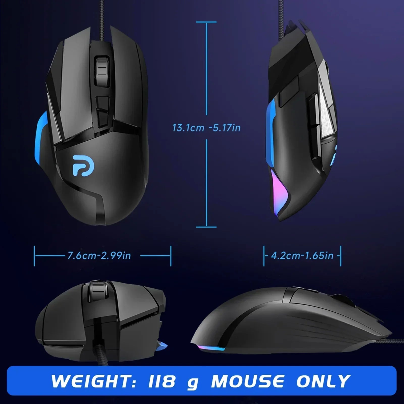 RGB Optical Gaming Mouse Wired with 6 Adjustable DPI Lightweight Black
