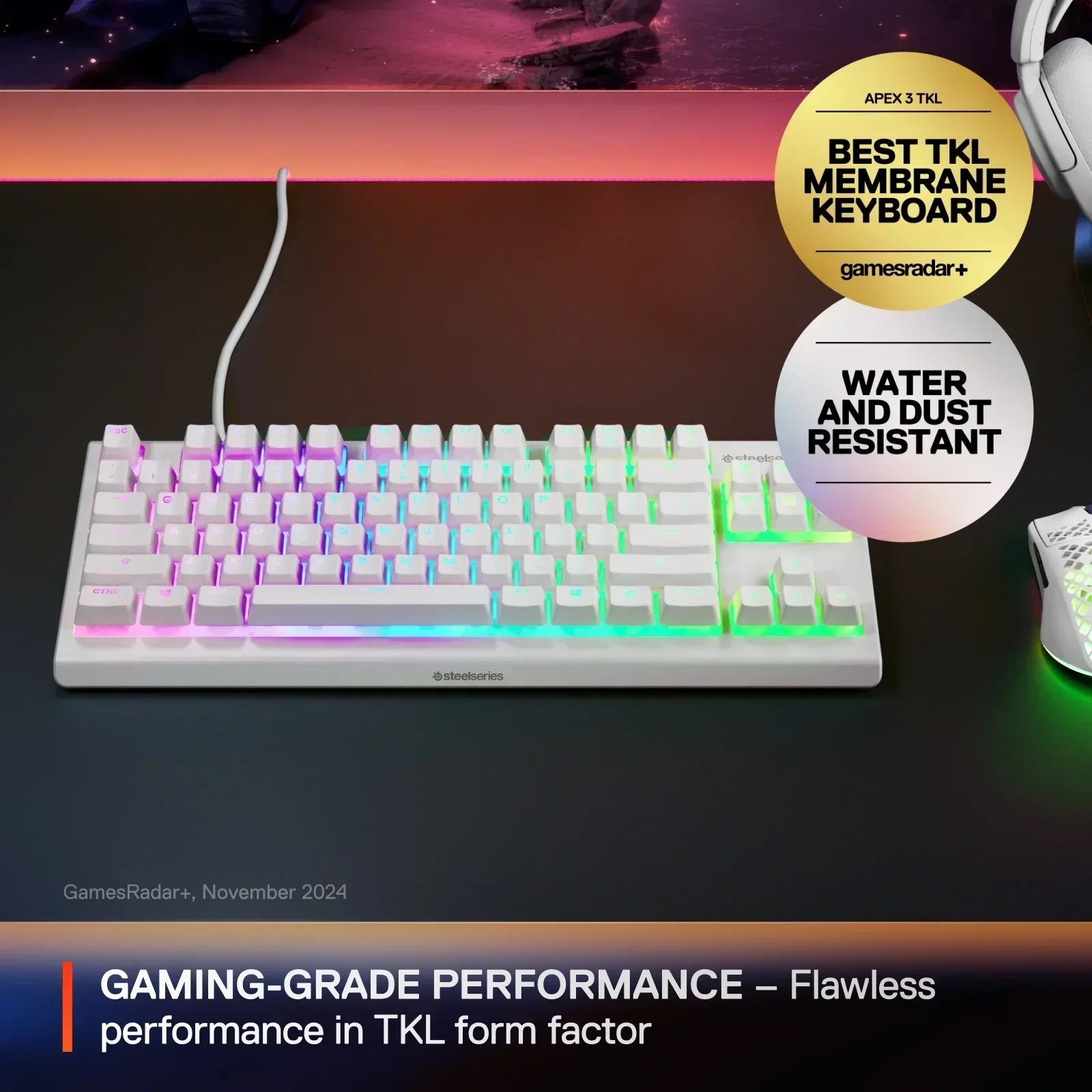 White RGB gaming keyboard on desk with water and dust resistant badge, from Byte Style store.