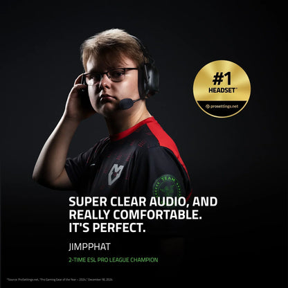 Pro gamer wearing black and red team jersey with gaming headset in dark background