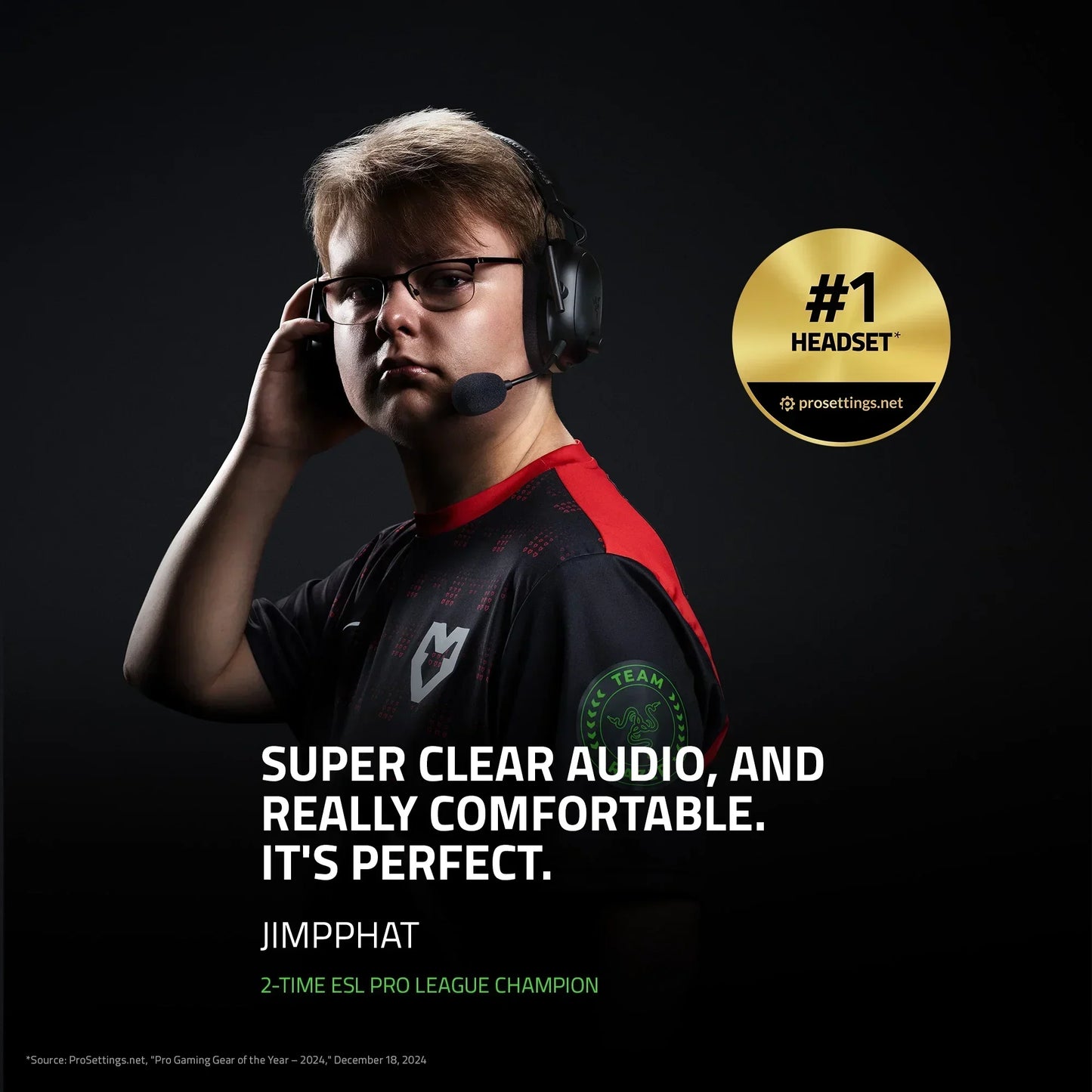 Gamer wearing Razer headset with microphone, red and black jersey, endorsing #1 gaming headset