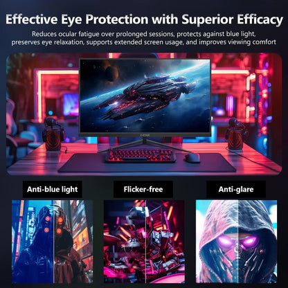 Gaming monitor on desk with RGB keyboard and mouse, showcasing eye protection features: anti-blue light, flicker-free, anti-glare
