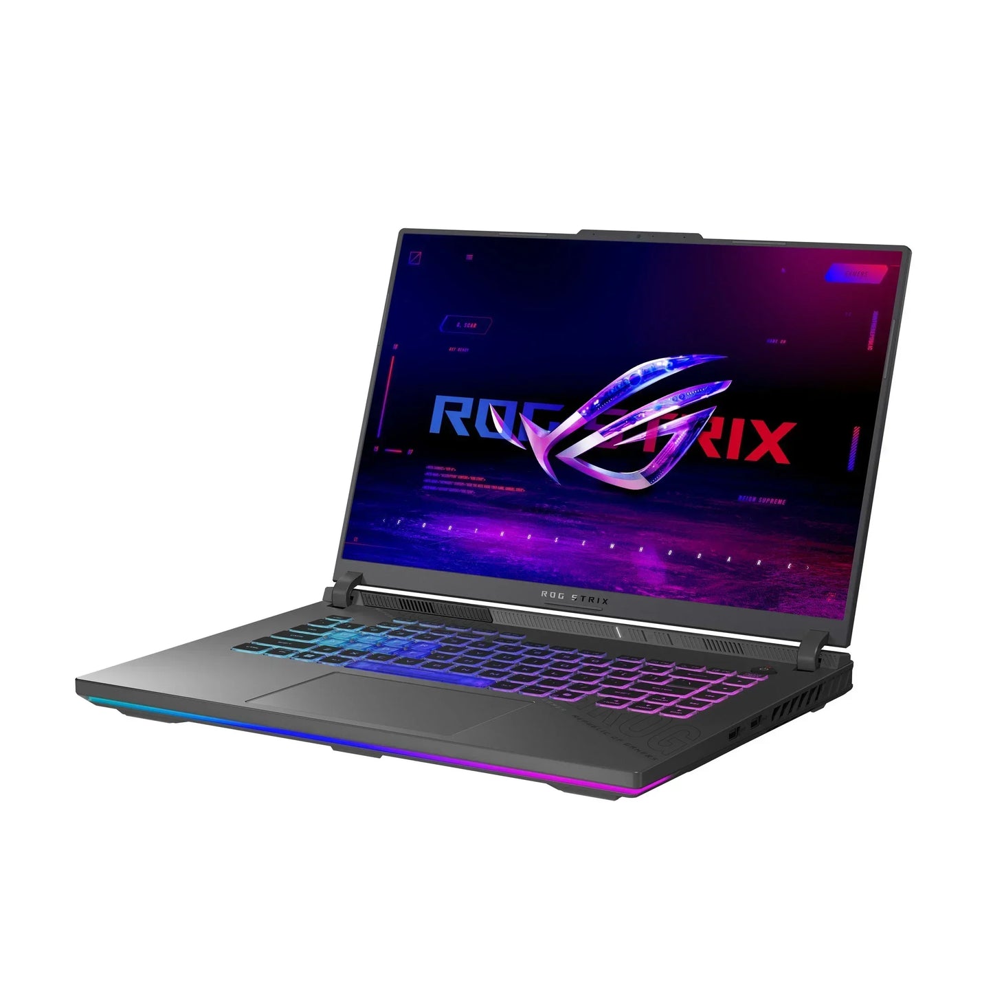 RGB-backlit gaming laptop with illuminated keyboard and futuristic ROG Strix display