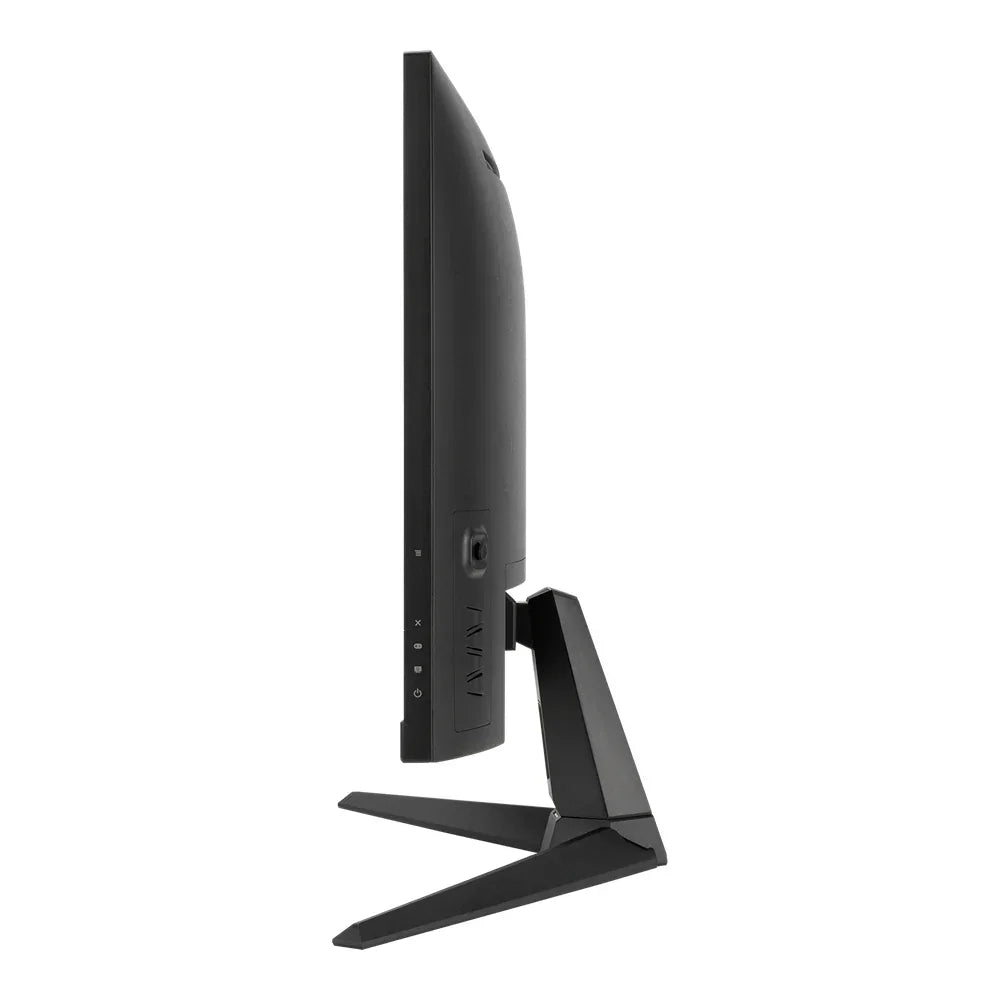 Side view of a slim black gaming monitor on angular stand against white background
