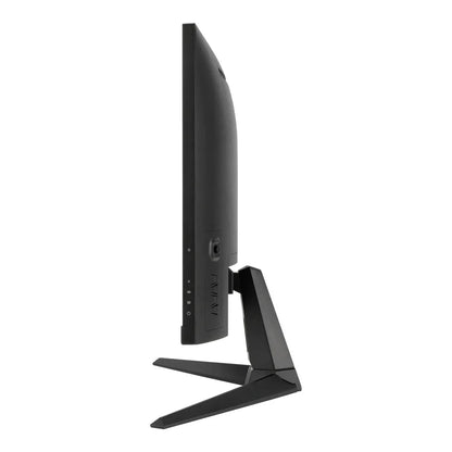Side view of a slim black gaming monitor on angular stand against white background