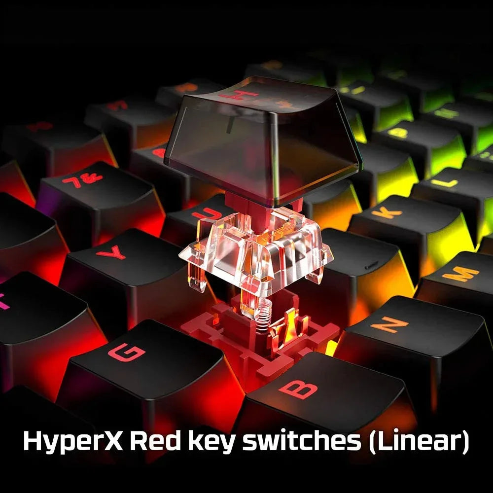 RGB gaming keyboard with HyperX Red linear key switch exposed, Byte Style gaming gear