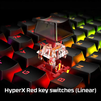 RGB gaming keyboard with HyperX Red linear key switch exposed, Byte Style gaming gear
