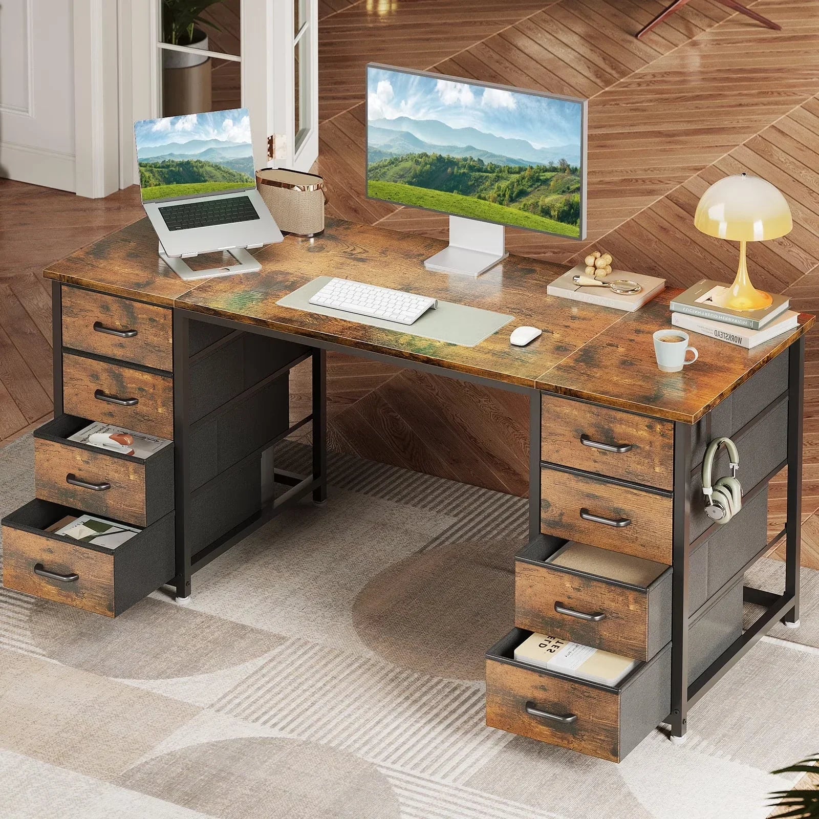 Vintage Computer Desk with Drawers for Storage - 55 Inch Home Office Desk with 8 Fabric Drawers, Writing Study Desk with Drawers on Both Sides for Bedroom
