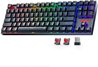 RGB backlit mechanical gaming keyboard with red switches and USB dongle, Redragon branded.