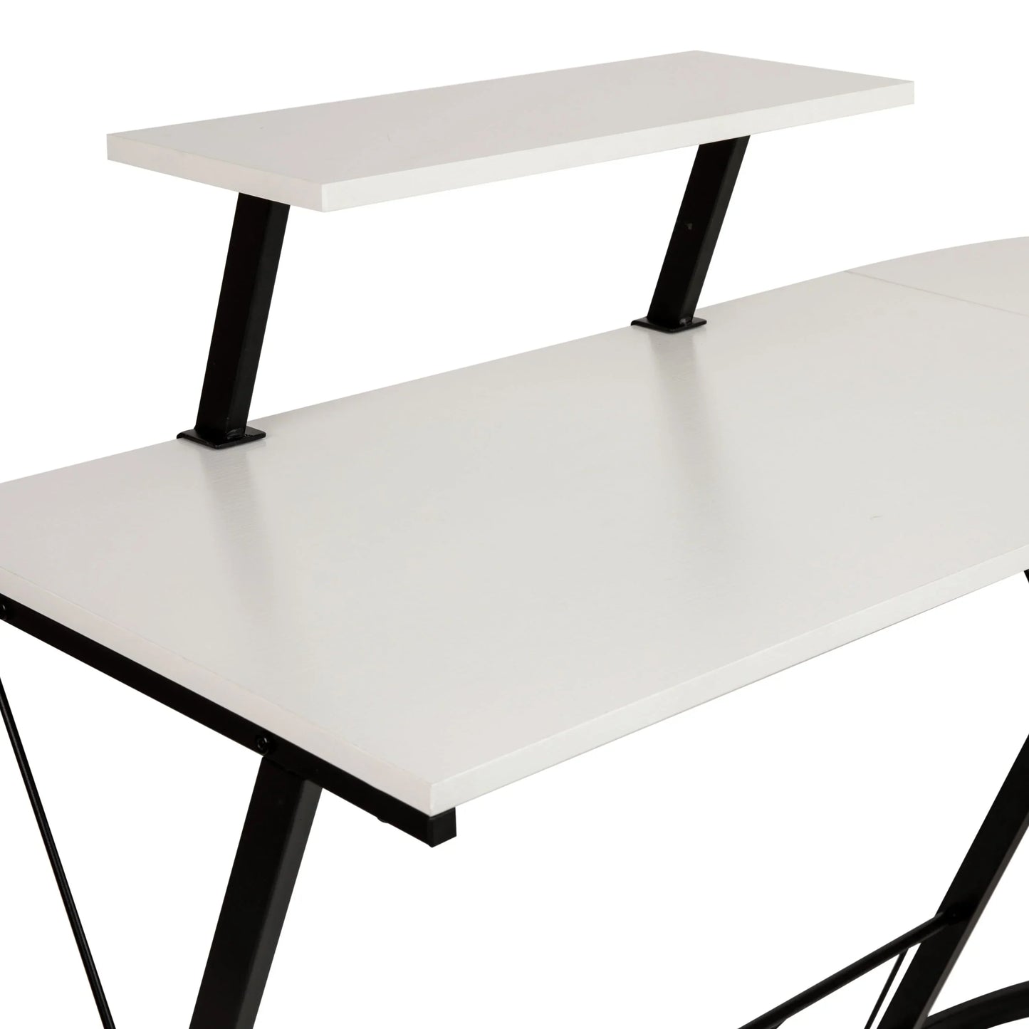 Modern white office desk with elevated shelf and black metal frame legs