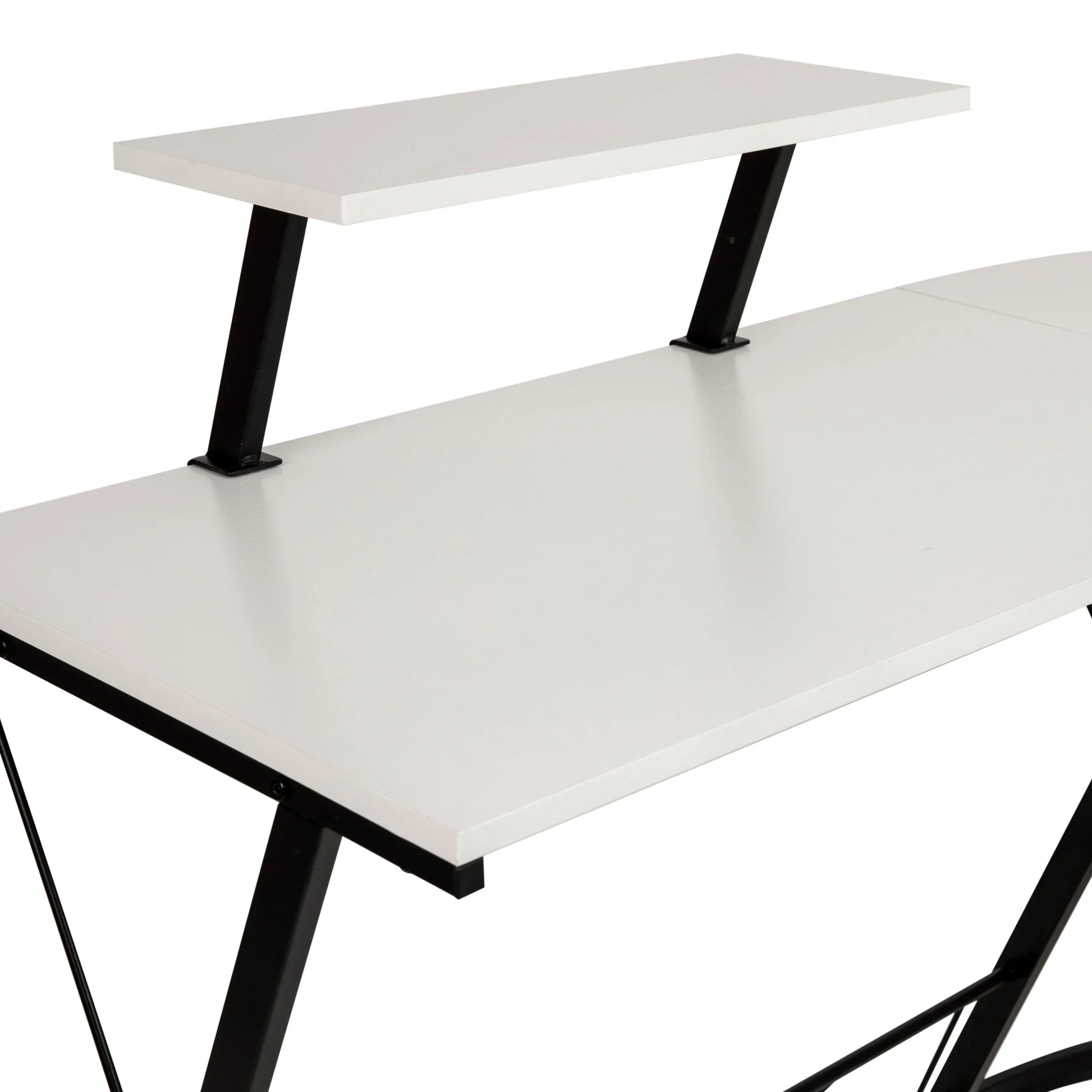 Modern white office desk with elevated shelf and black metal frame legs
