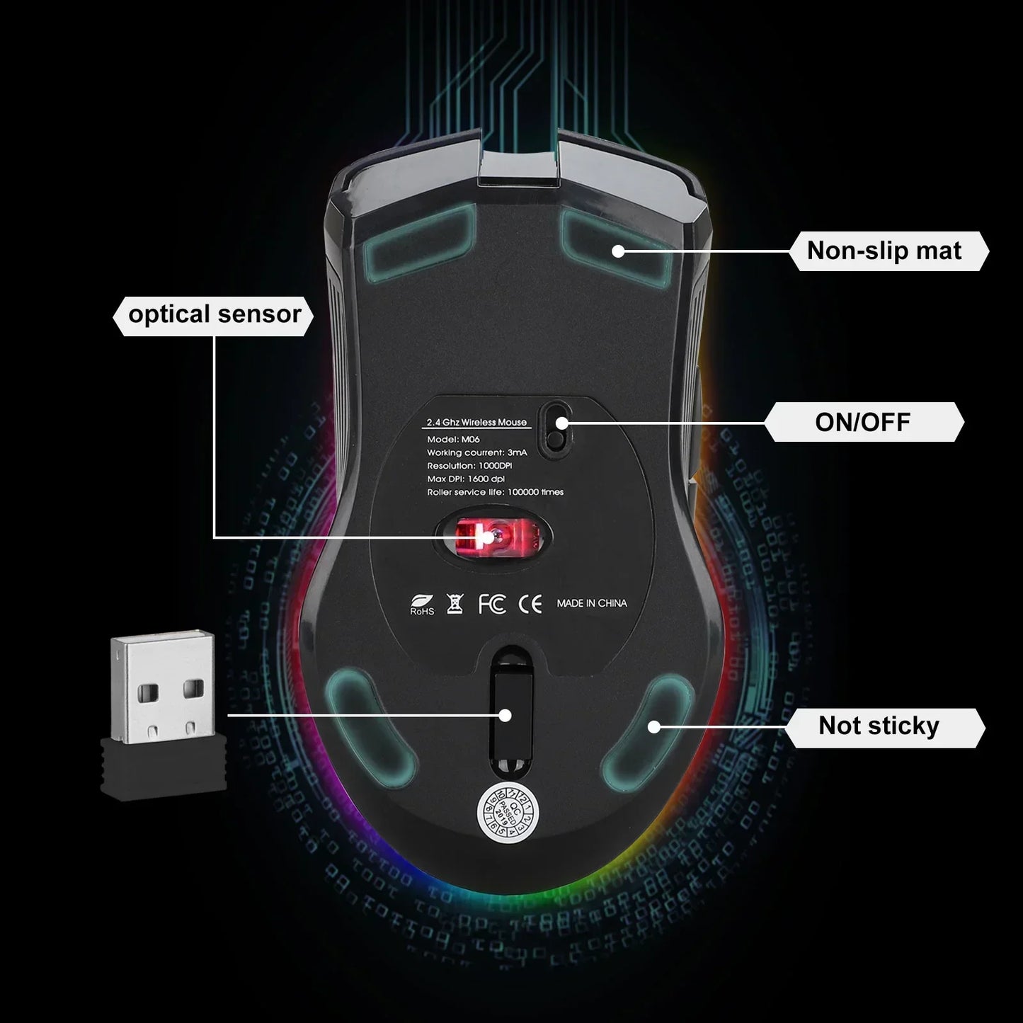 M06 Wireless Gaming Mouse, Rechargeable Computer Mouse Mice with Rainbow Backlit Lights, 3 DPI Levels, 6 Silent Buttons, USB 2.4Ghz Optical Mice for PC Gamer Laptop Desktop Chromebook Mac