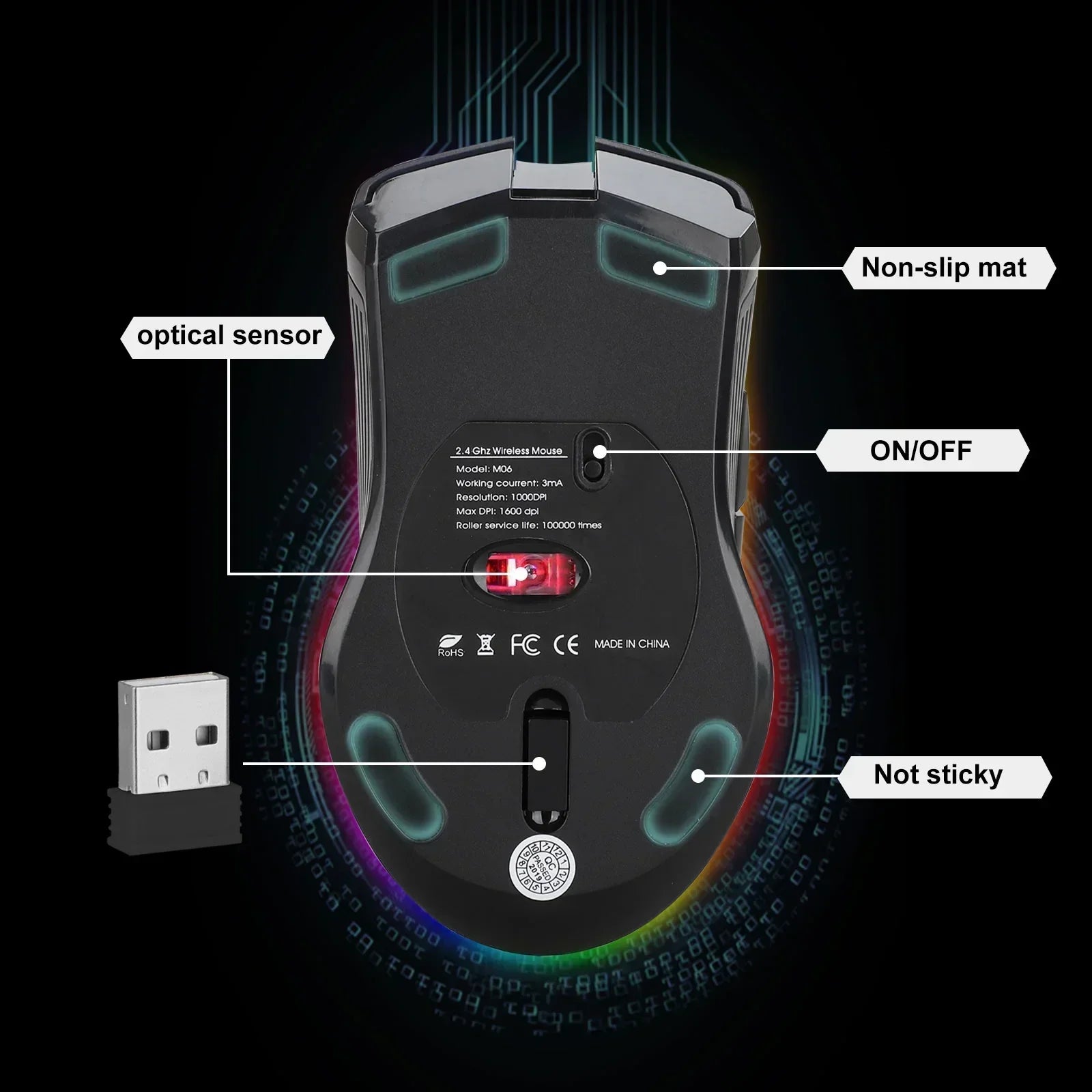 M06 Wireless Gaming Mouse, Rechargeable Computer Mouse Mice with Rainbow Backlit Lights, 3 DPI Levels, 6 Silent Buttons, USB 2.4Ghz Optical Mice for PC Gamer Laptop Desktop Chromebook Mac