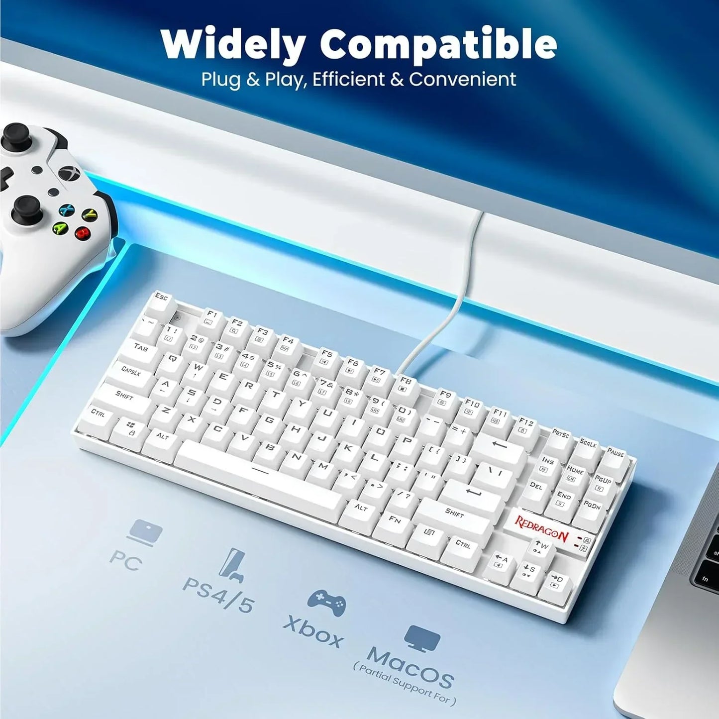 White Redragon gaming keyboard on desk with Xbox controller, showing wide compatibility for PC, PS4, Xbox, Mac.