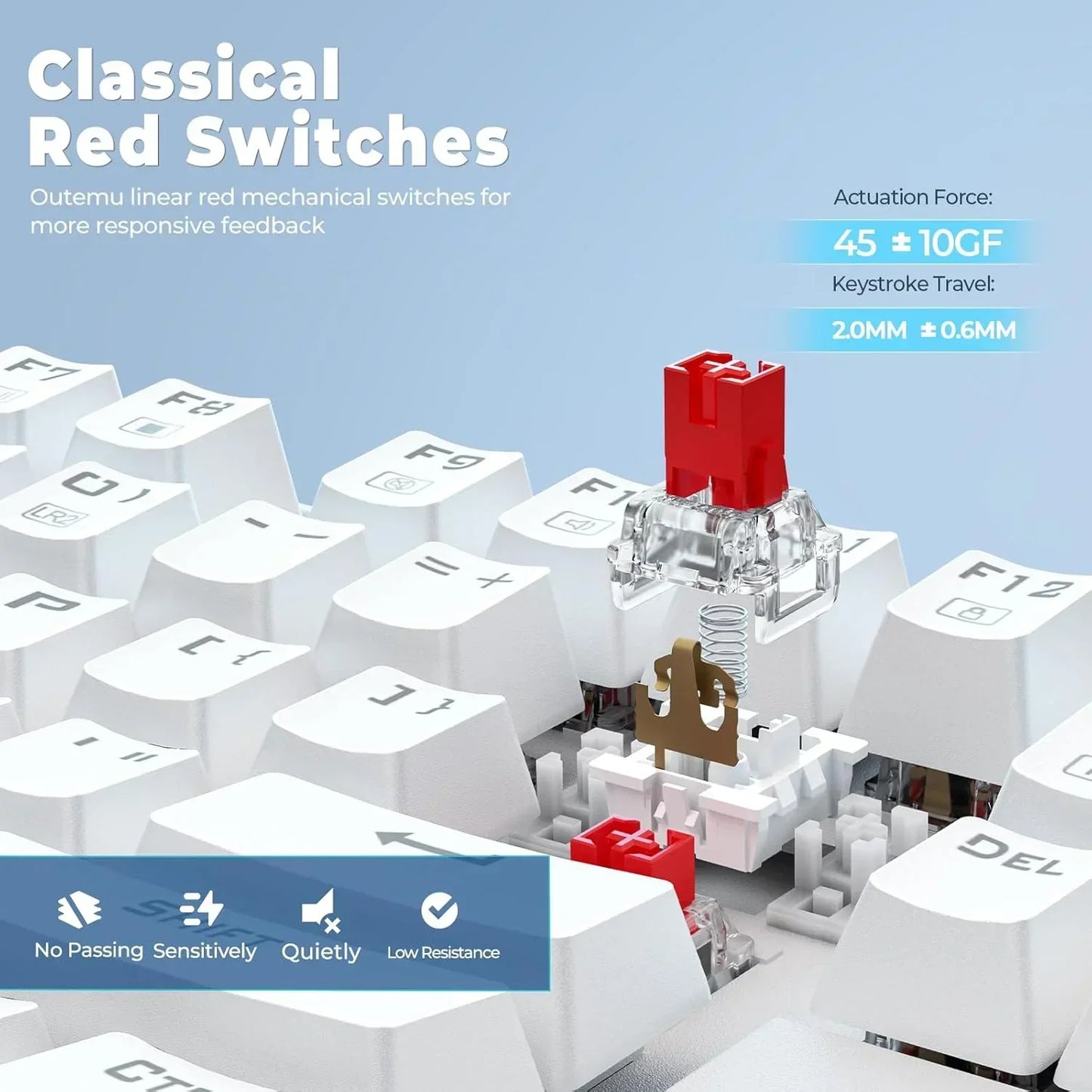 Close-up of Outemu red mechanical keyboard switch on white keycaps, Byte Style gaming gear.