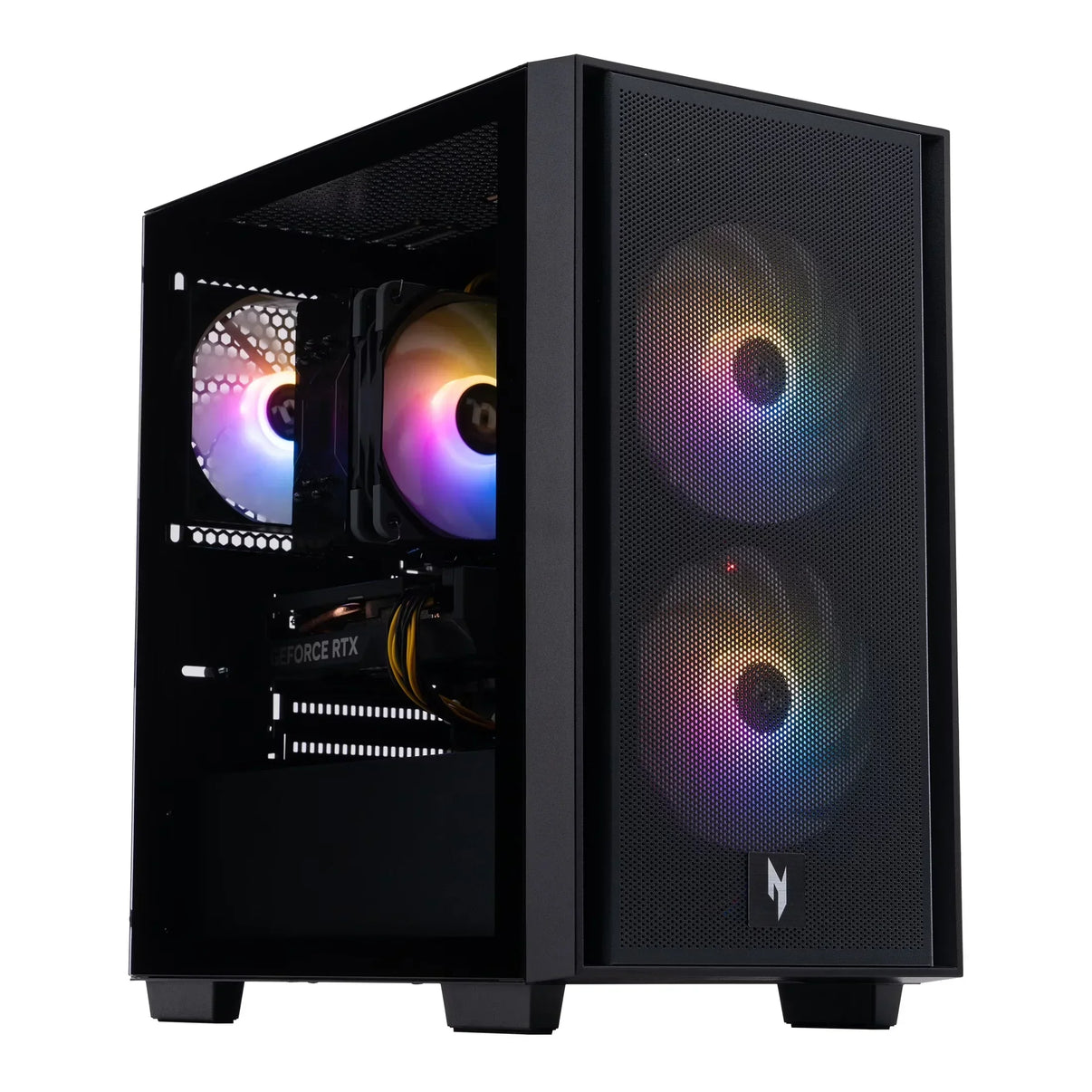 Gaming PC tower with black mesh front panel and RGB fans glowing in pastel colors, GeForce RTX graphics