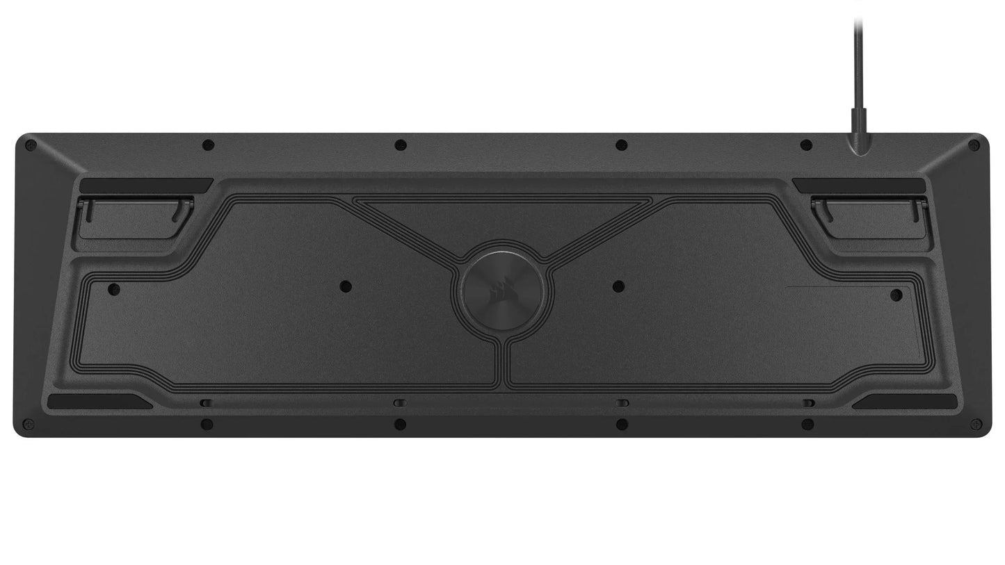 Bottom view of a black gaming keyboard with adjustable feet and cable, Byte Style gaming gear