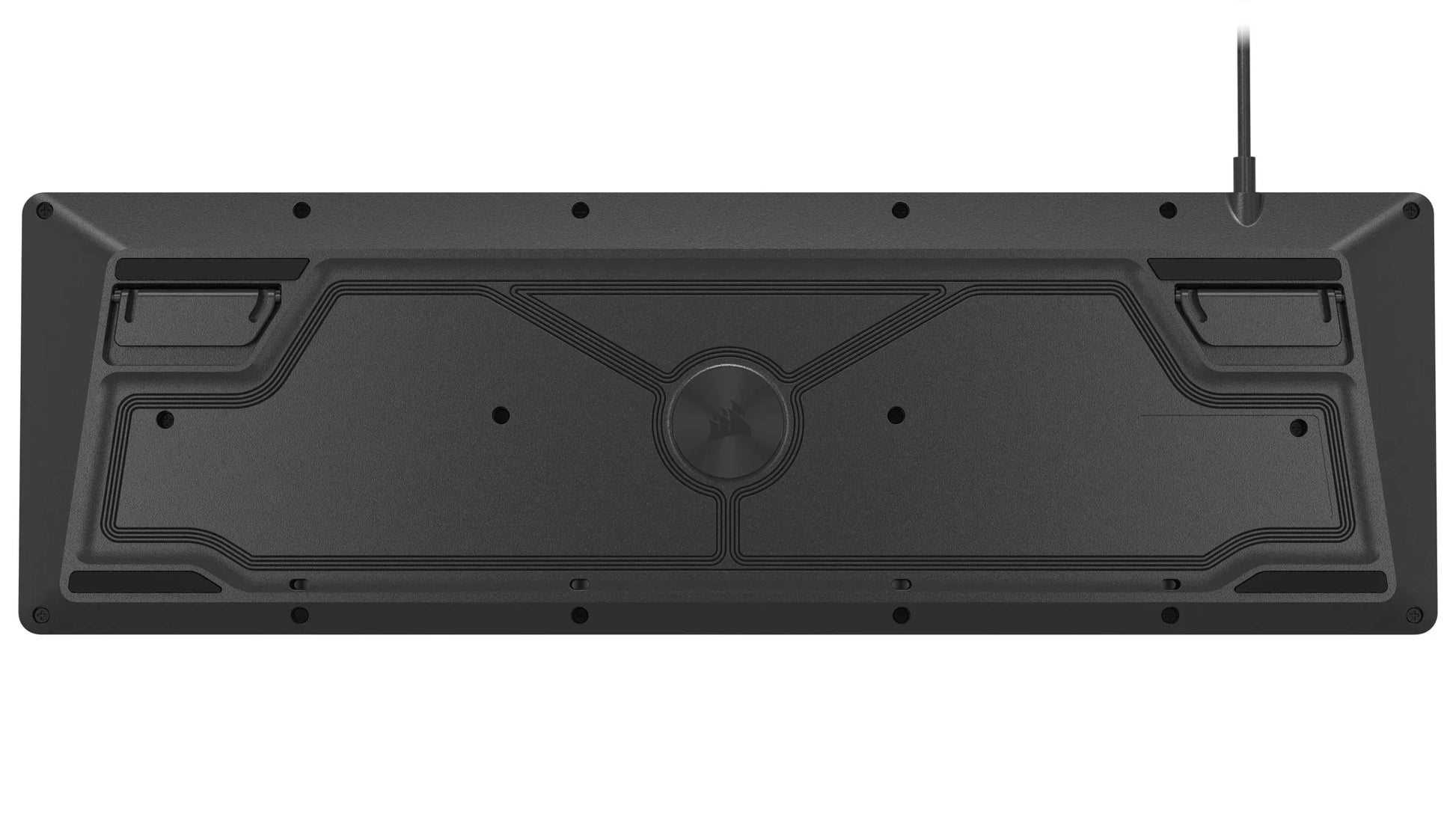 Bottom view of a black gaming keyboard with adjustable feet and cable, Byte Style gaming gear