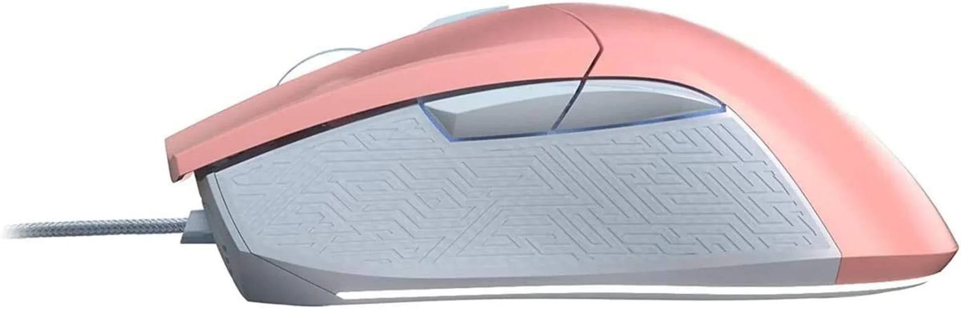 Retro gaming mouse with pink top and gray textured side grip, wired for precision gaming