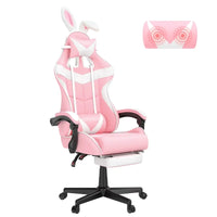 Pink and white gaming chair with bunny ears and black armrests, featuring ergonomic design and lumbar cushion