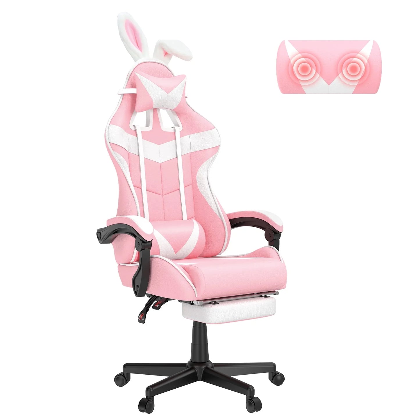 Pink and white gaming chair with bunny ears, lumbar support, and adjustable armrests for comfort