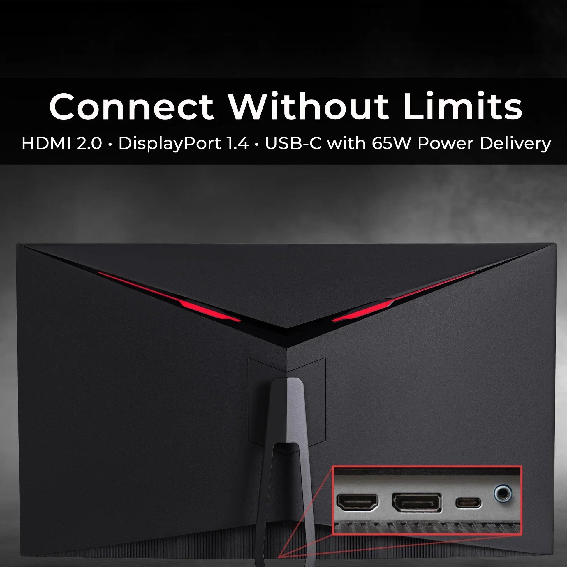Back view of gaming monitor with red LED accents and ports for HDMI 2.0, DisplayPort 1.4, USB-C, and audio