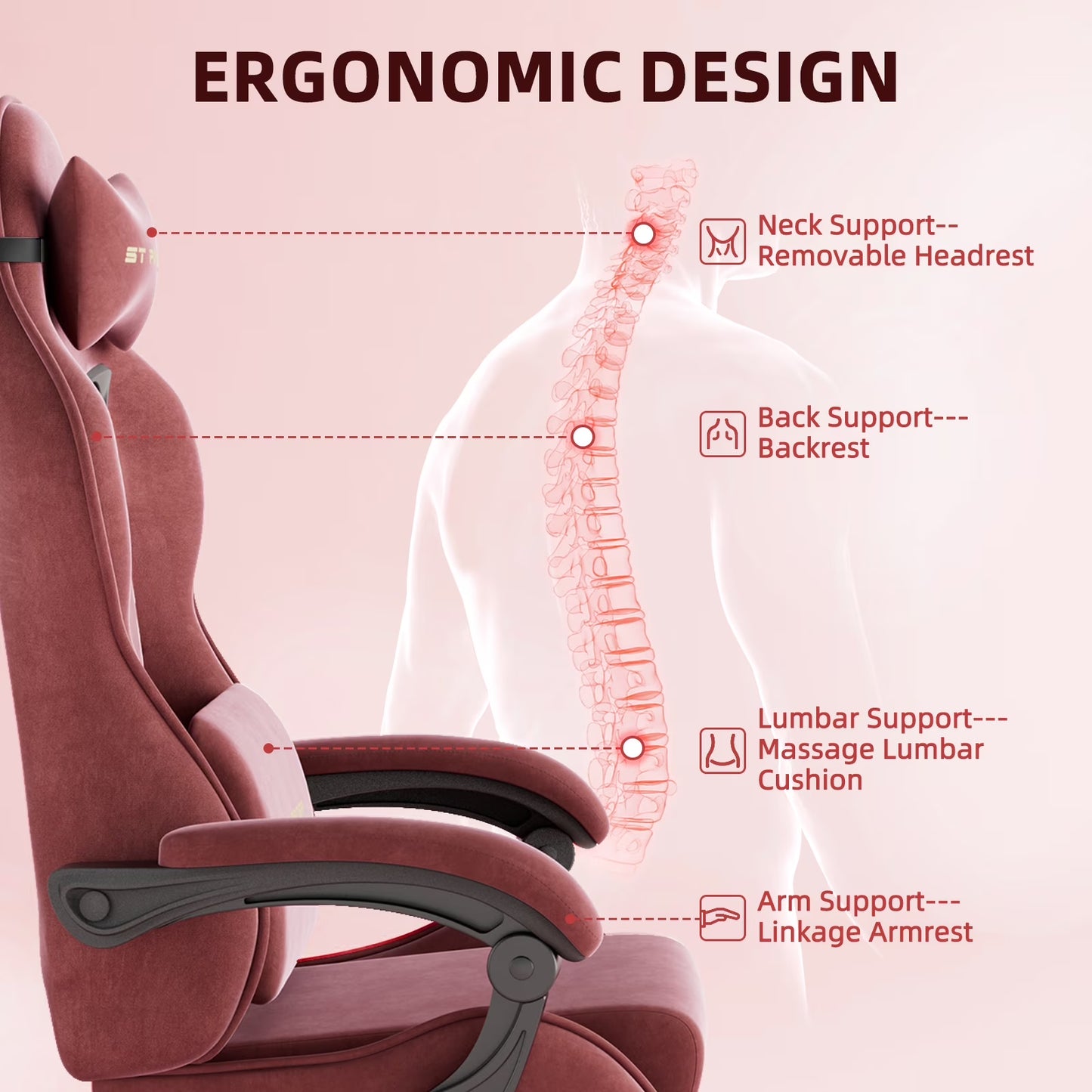 Ergonomic gaming chair with neck, back, lumbar & arm support for posture comfort