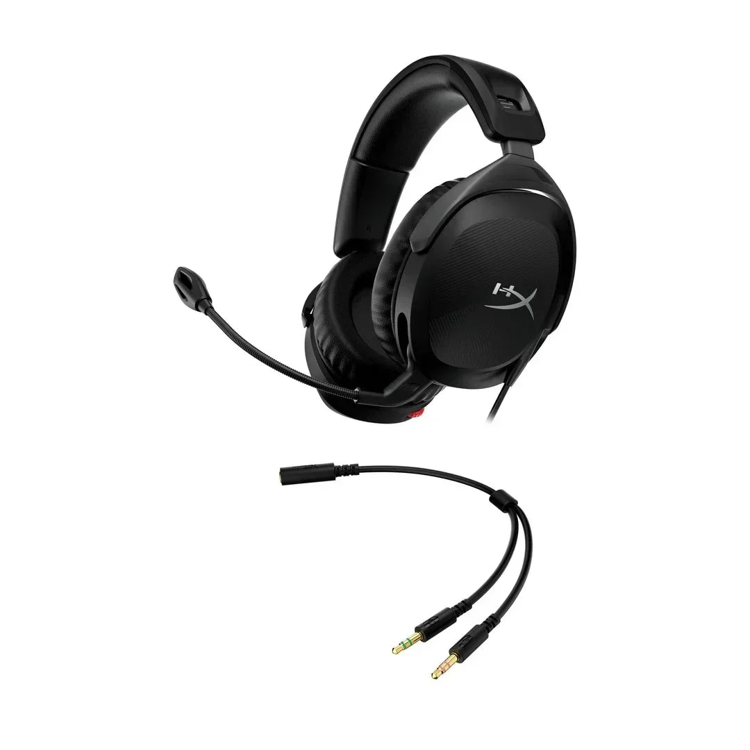 Black HyperX gaming headset with padded ear cups, adjustable mic, and dual 3.5mm audio jacks