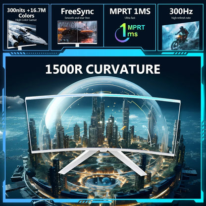 Curved gaming monitor with 1500R curvature showing cityscape, features FreeSync, 300Hz, MPRT 1ms, 300 nits color