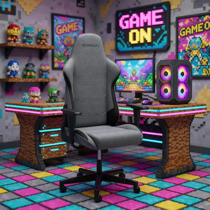 Gray gaming chair in a retro 8-bit themed gaming room with pixel art desk and neon PC setup.