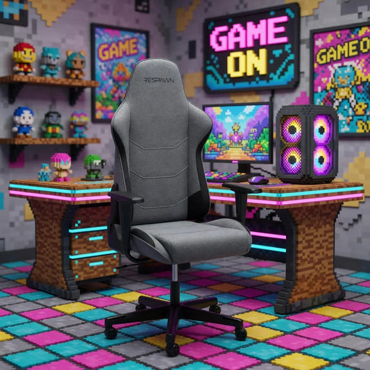 Gray gaming chair in a retro 8-bit themed gaming room with pixel art desk and neon PC setup.