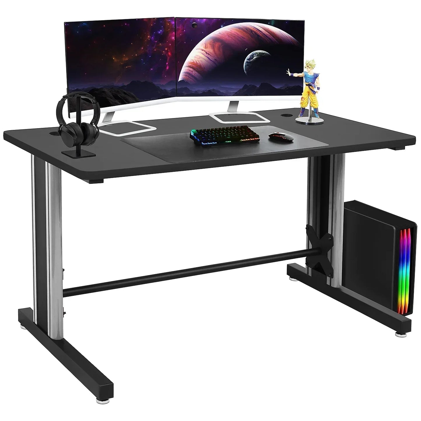 Modern gaming desk setup with dual curved monitors, RGB keyboard, mouse, headphones, and PC tower