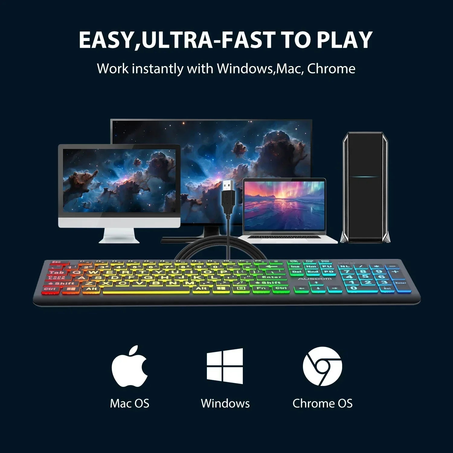 RGB gaming keyboard compatible with Windows, Mac, and Chrome, shown with PC and monitors