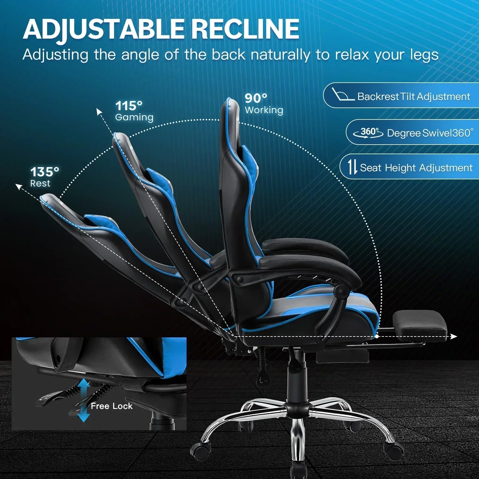 Blue and black ergonomic office chair with adjustable recline at 90° working, 115° gaming, and 135° rest angles