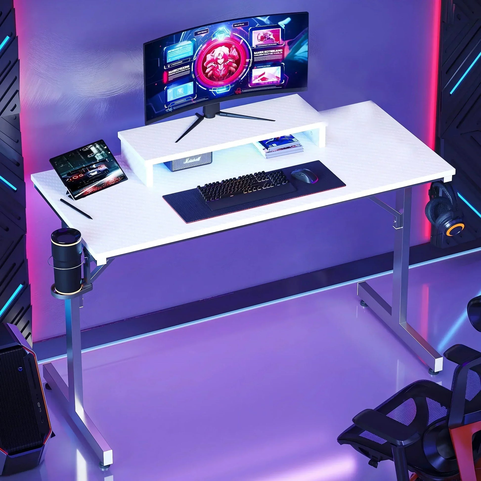 Modern white gaming desk with curved monitor, mechanical keyboard, mouse, tablet, headphones, and ambient purple lighting