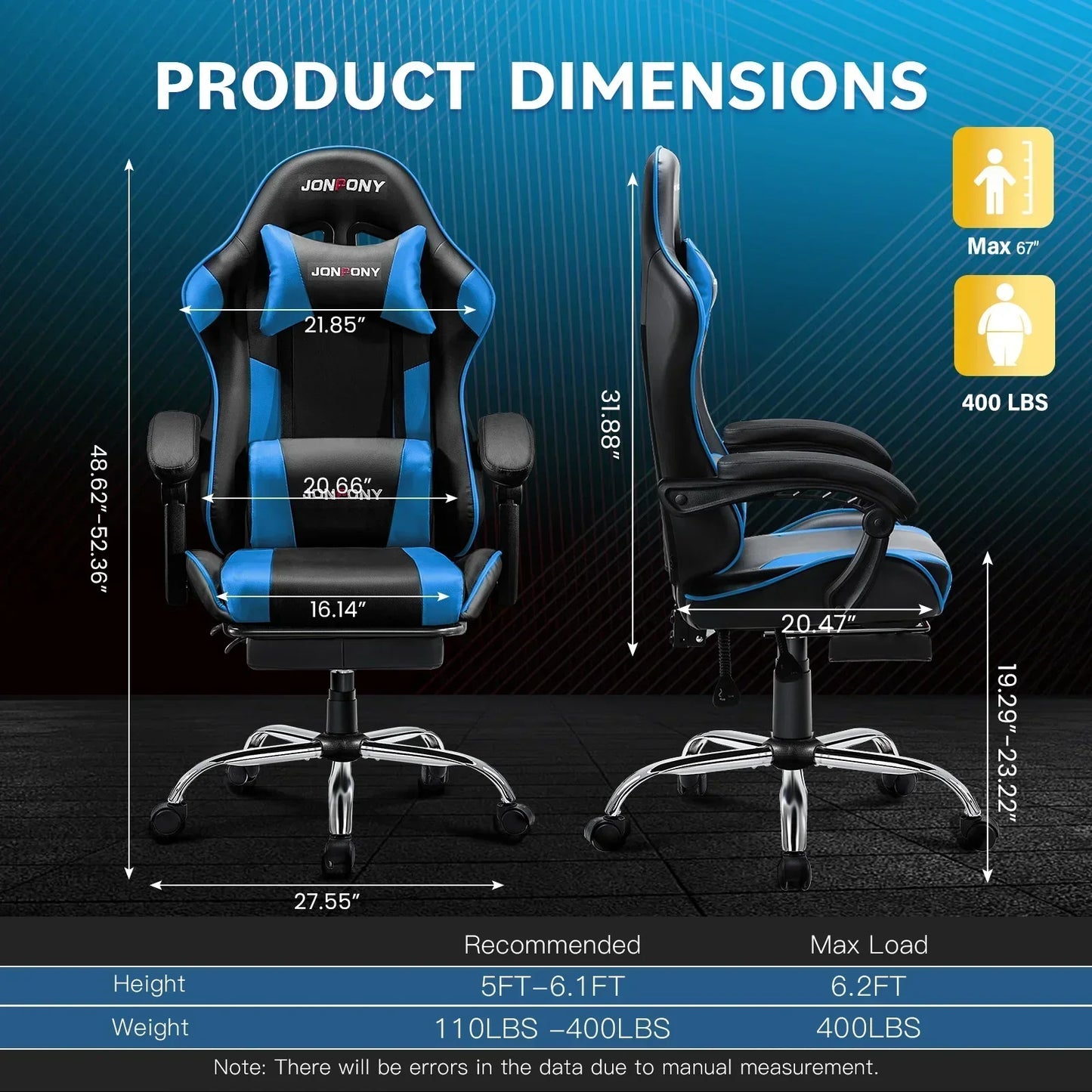 Blue and black JONPONY gaming chair with detailed dimensions and weight capacity of 400 lbs