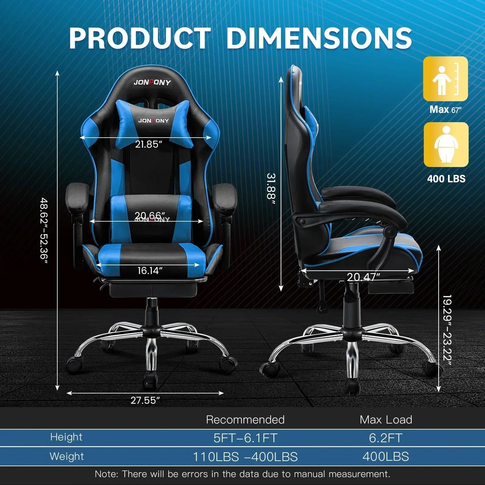 Blue and black JONPONY gaming chair with detailed dimensions and weight capacity of 400 lbs