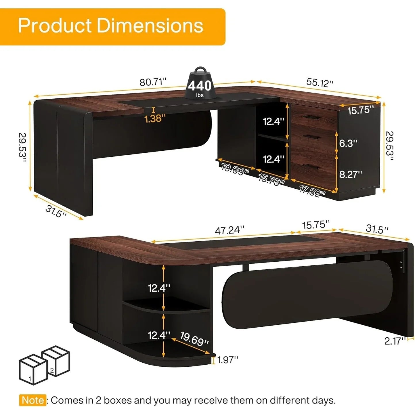 80 Inches Executive Desk, L-Shaped Office Desk with 55 Inches Cabine