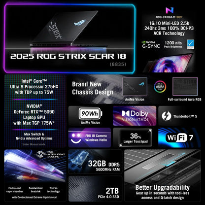 2025 gaming laptop with Intel Core Ultra 9, RTX 5090, 18-inch mini-LED display, and RGB lighting