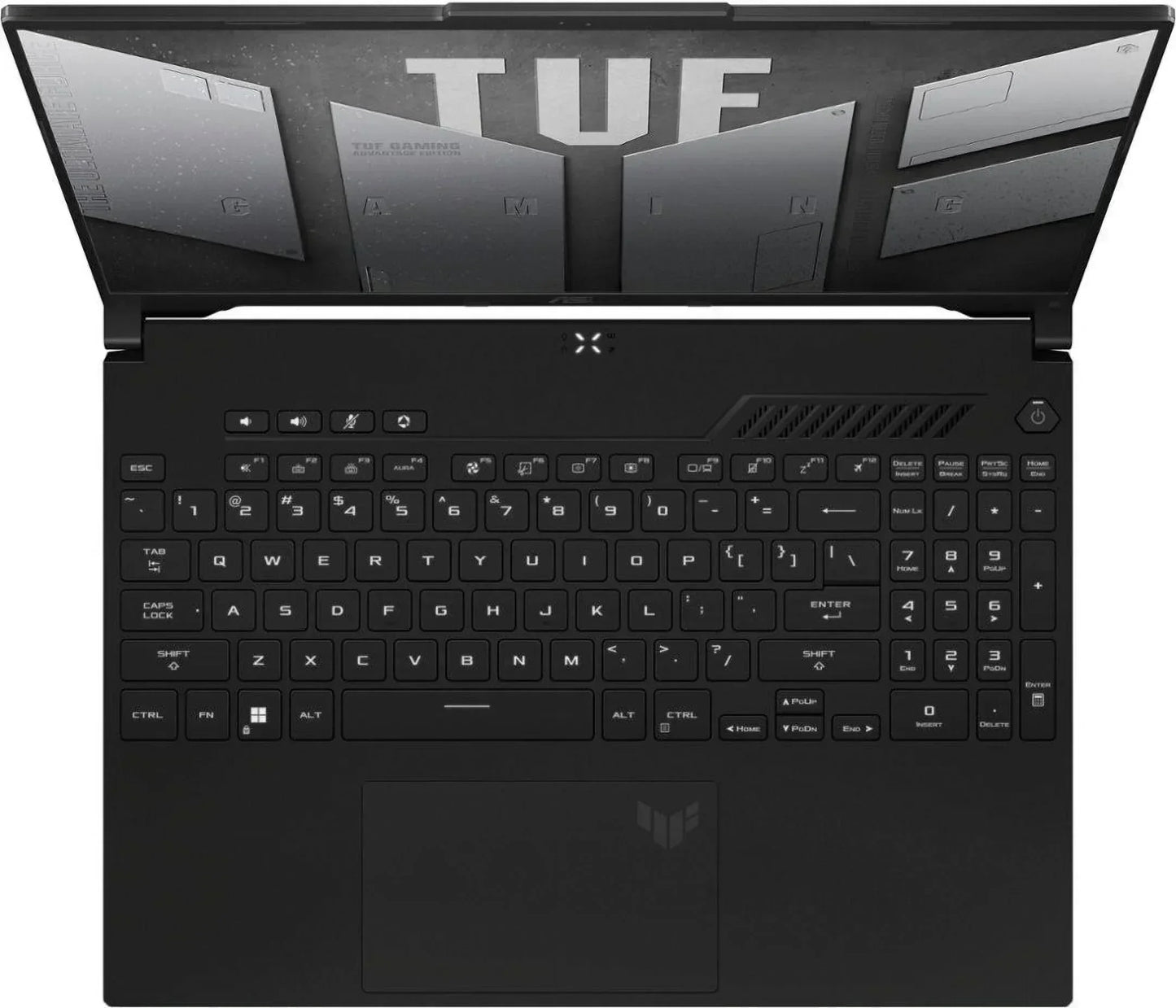 Black gaming laptop top view with illuminated keyboard and open screen