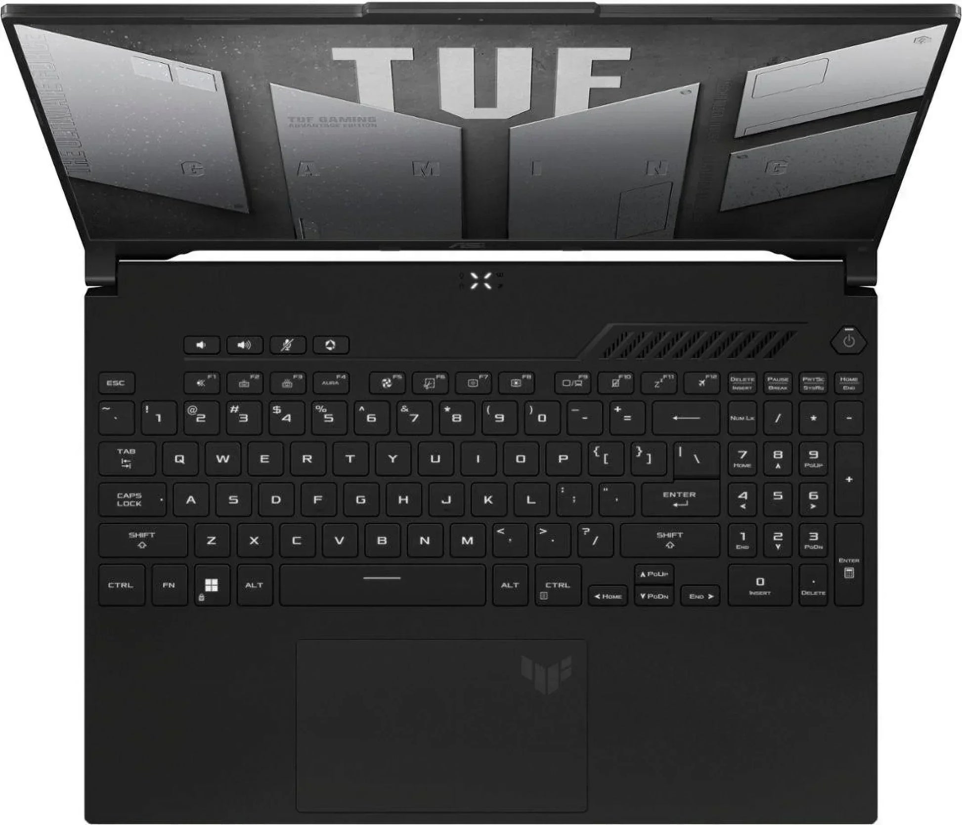 Black gaming laptop top view with illuminated keyboard and open screen