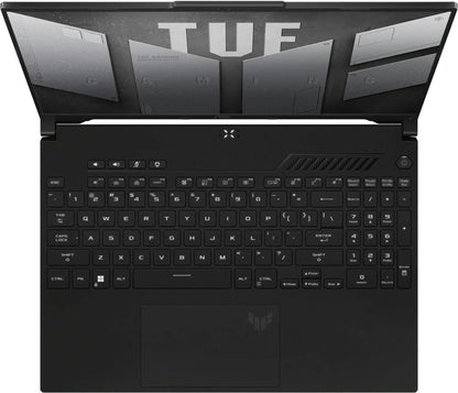 Black gaming laptop top view with illuminated keyboard and open screen