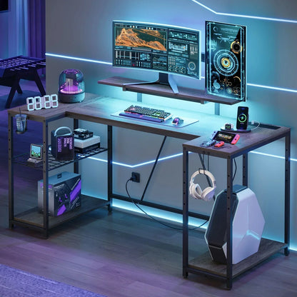 Modern gaming desk setup with curved monitor, mechanical keyboard, gaming PC, headset, and ambient blue lighting