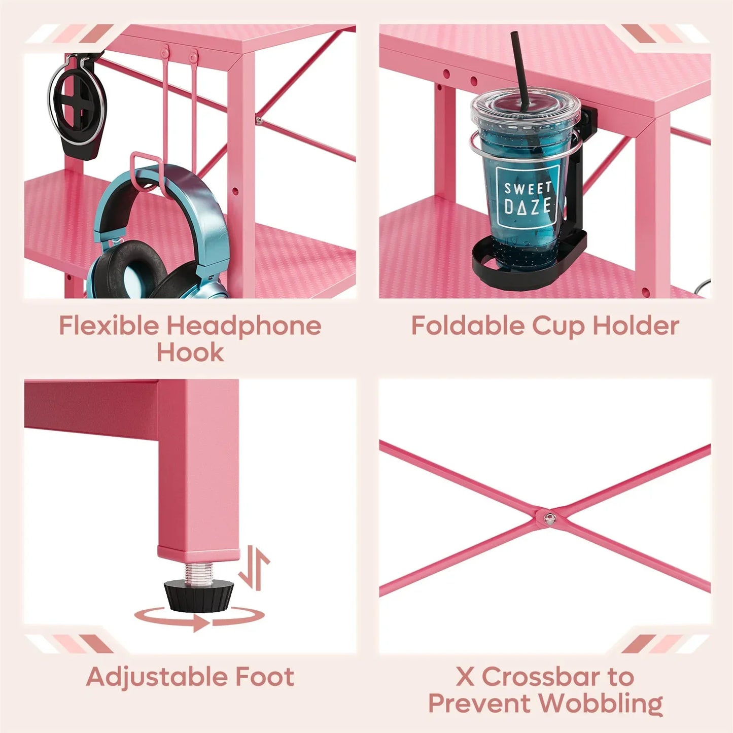 55" Pink Gaming Computer Desk with LED Light & Monitor Stand Corner Desk for Home Office, Pink Carbon Fiber
