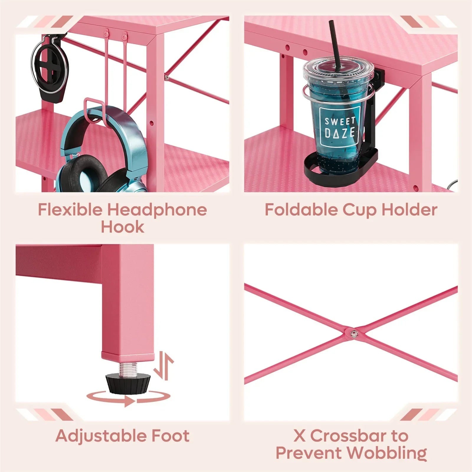 55" Pink Gaming Computer Desk with LED Light & Monitor Stand Corner Desk for Home Office, Pink Carbon Fiber