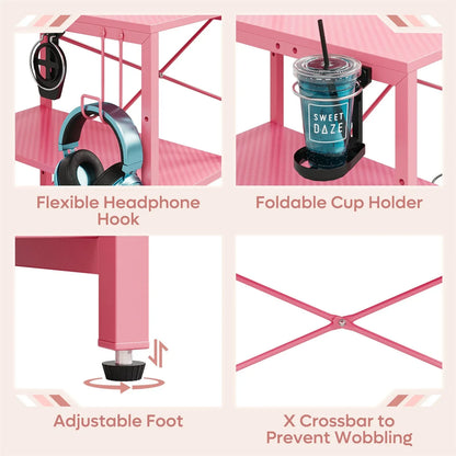 55" Pink Gaming Computer Desk with LED Light & Monitor Stand Corner Desk for Home Office, Pink Carbon Fiber