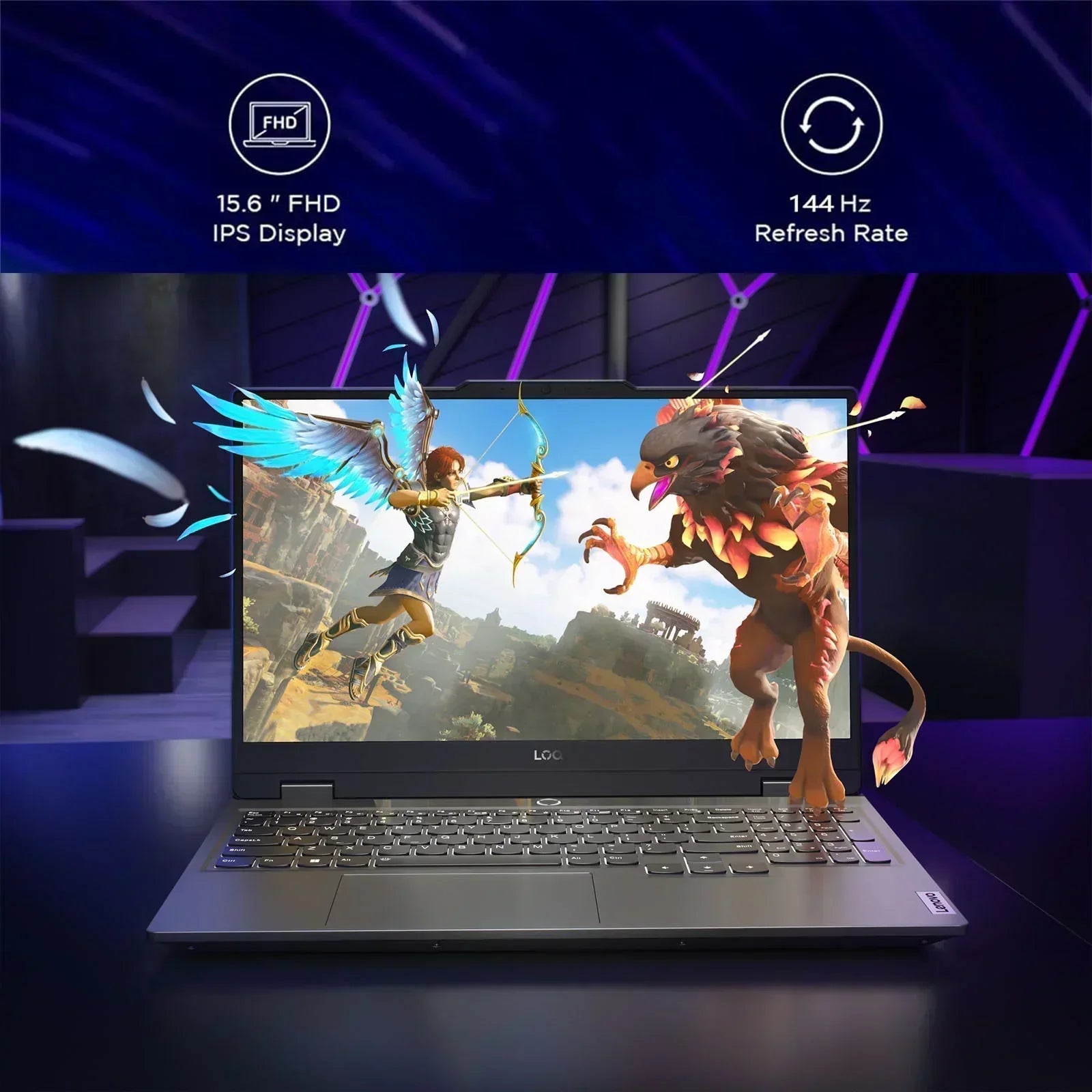 Gaming laptop with 15.6-inch FHD IPS display, 144Hz refresh rate, showing fantasy game scene.
